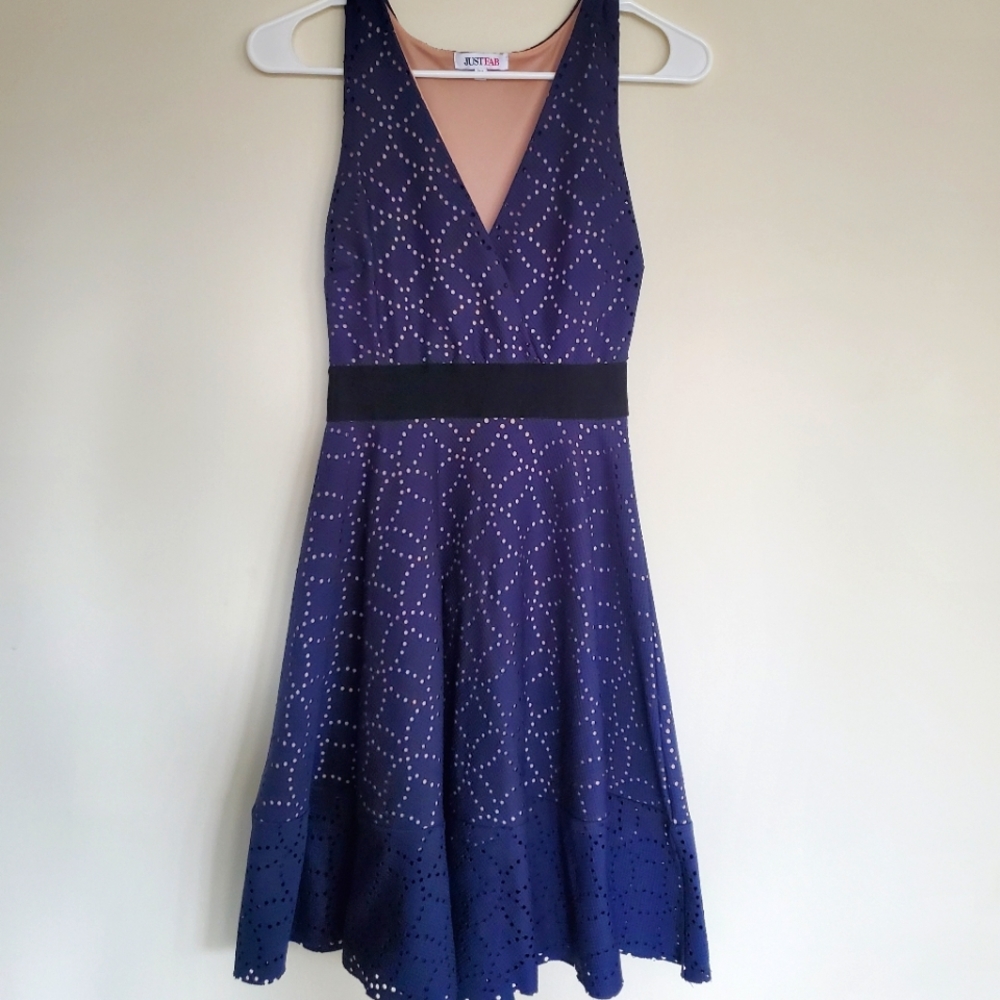 Women's Navy Blue Embroidered V-Neck Sun Dress